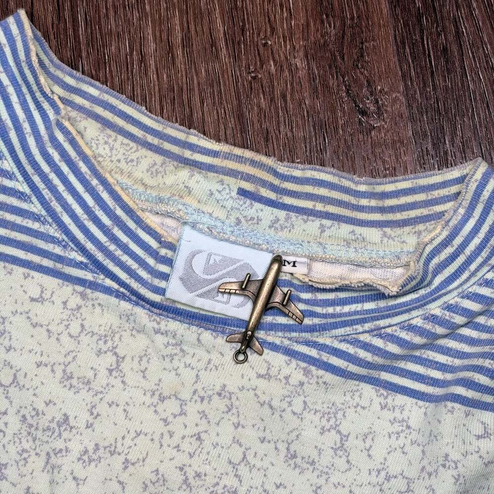 80s Quiksilver Striped T-Shirt Size M/L Vintage Blue Green White Pocket Surf Tee